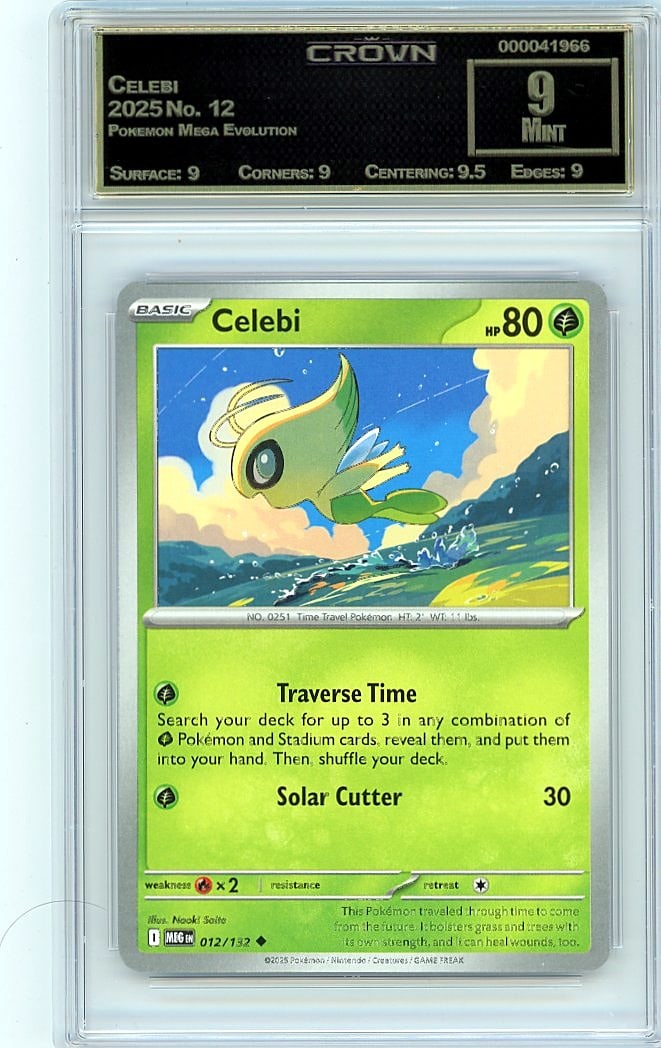 2025 Celebi Pokemon Mega Evolution #12 Crown 9.00: Graded by Crown Grading. Grade: 9.00. Mint