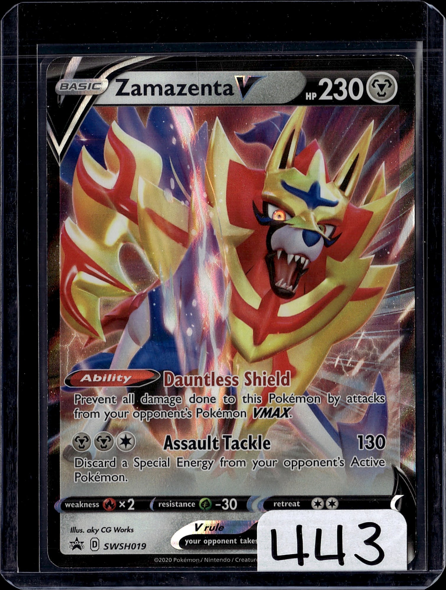Zamazenta V SWSH019 Pokemon Sword & Shield 230HP: This is a Zamazenta V Basic Pokemon card from the Sword & Shield expansion set, released in 2020. The card features 230 HP and displays the iconic legendary Zamazenta in vibrant full-art