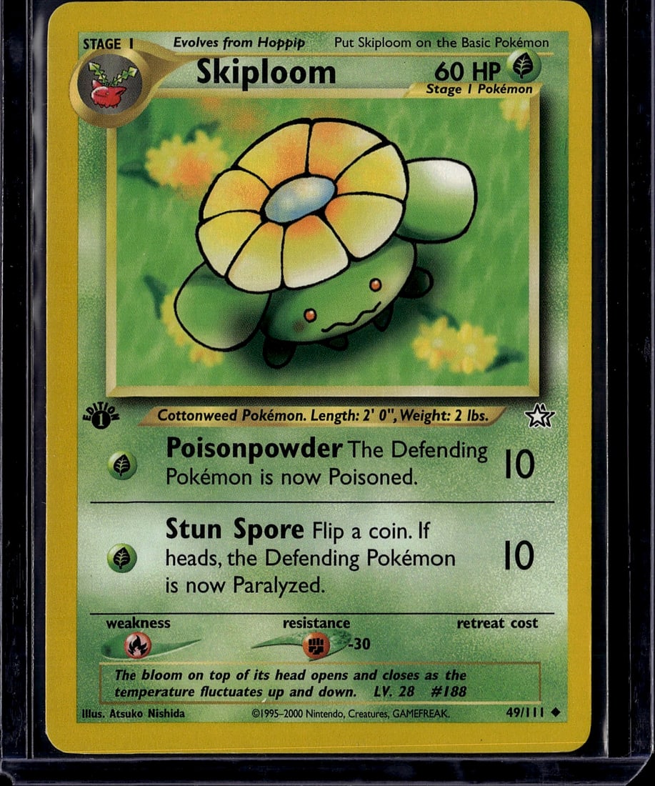 Skiploom 49/111 Neo Genesis Pokemon Card Single -: This is an authentic vintage Pokemon Trading Card Game single from the Neo Genesis set, released in 2000. The card features Skiploom, a Stage 1 Grass-type Pokemon that evolves from Hoppip, with 60 HP.