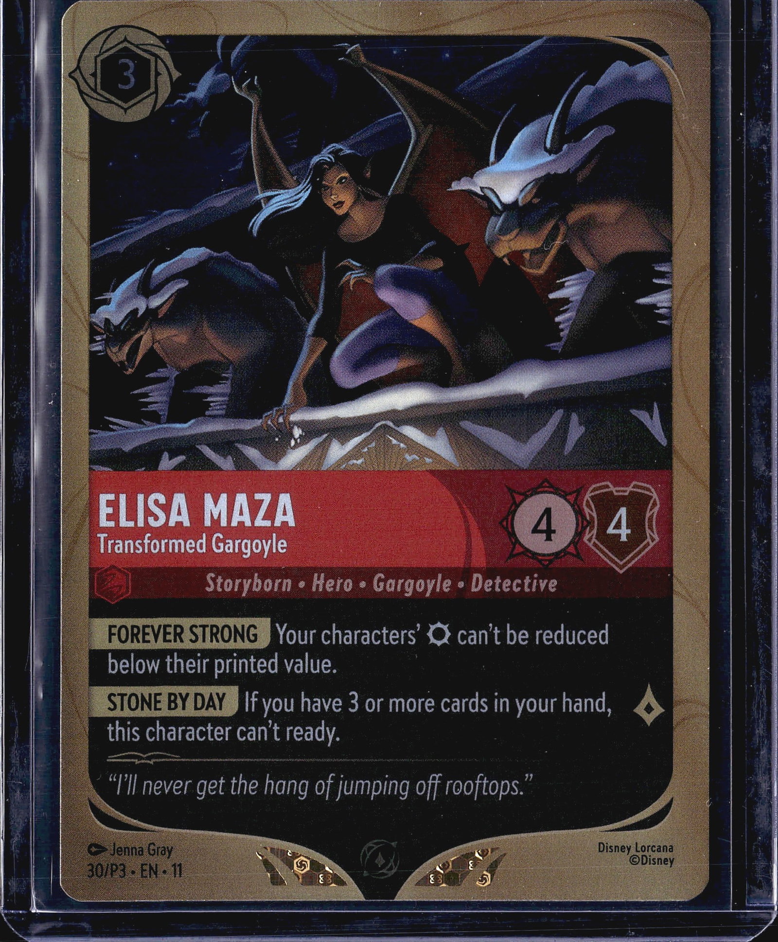 2024 Disney Lorcana Promo 30/P3 Elisa Maza League: This listing features Elisa Maza - Transformed Gargoyle, card number 30/P3 from Disney Lorcana, set 11 (Azurite Sea promotional release). The card is printed in English and carries the
