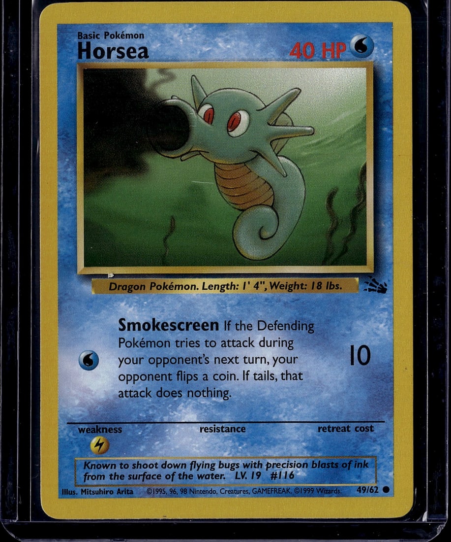 Horsea Base Set 49/62 Pokemon Card 1999 - Dragon: This is an original 1999 Pokemon Base Set Horsea card (#49/62), a classic Water-type Dragon Pokemon from the foundational era of the trading card game. The card features Horsea, a 1'4" seahorse