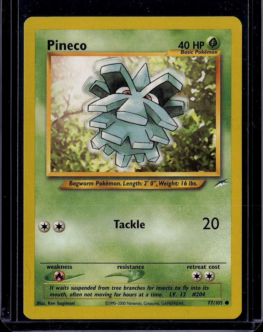 Pineco 77/105 Neo Genesis Pokemon Card - Basic Gr: This is a vintage Pineco Pokemon trading card from the Neo Genesis set (card #77/105), published by Nintendo in 2000. Pineco is a Grass-type Basic Pokemon with 40 HP, illustrated by Ken Sugimori. The 