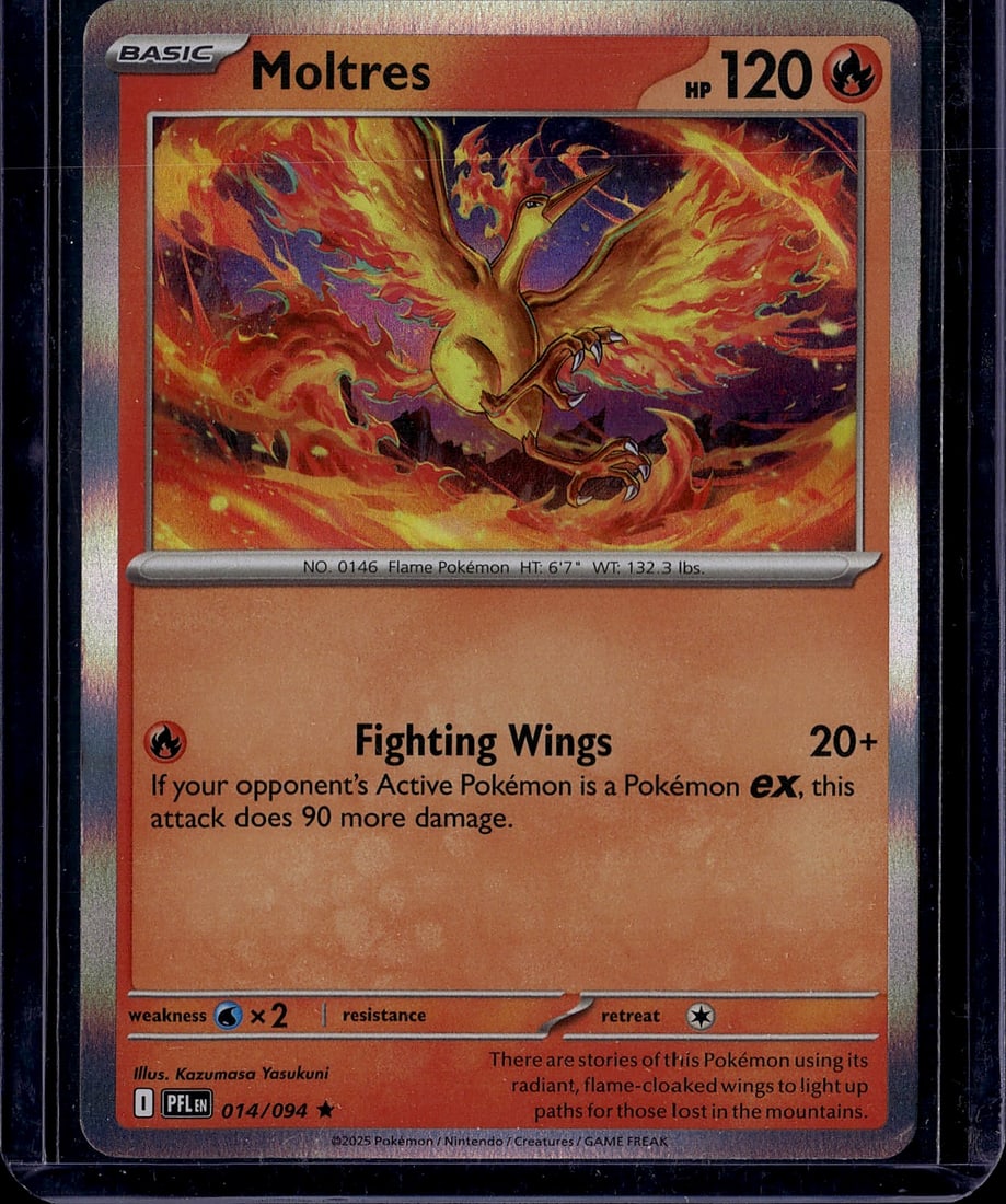 Moltres 014/094 Scarlet Violet Pokemon Card Singl: This is a raw Moltres Pokemon trading card from the Scarlet & Violet set, card number 014/094. Moltres is a Basic Fire-type Pokemon with 120 HP, featuring the attack "Fighting Wings" which deals 20+ d