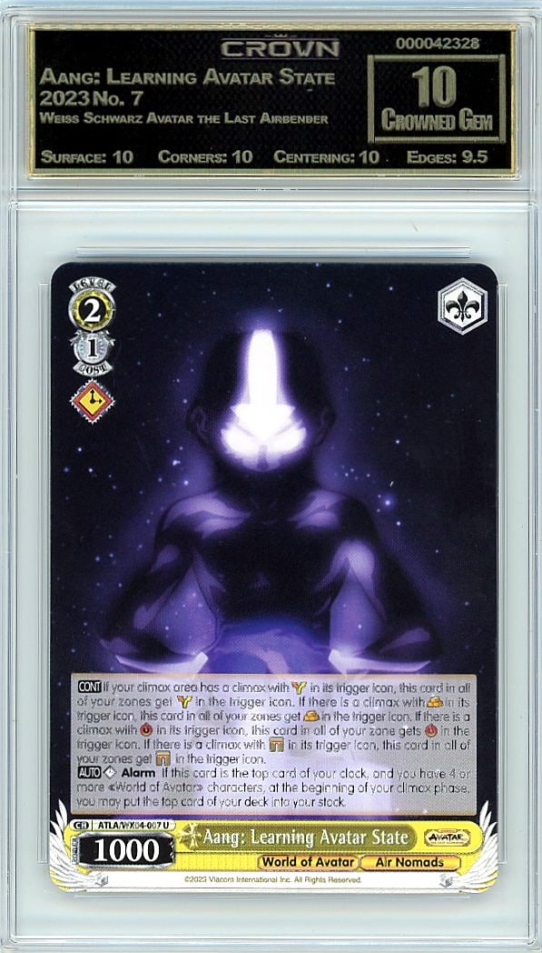 2023 Aang: Learning Avatar State Weiss Schwarz Av: Graded by Crown Grading. Grade: 10.00. Crowned Gem