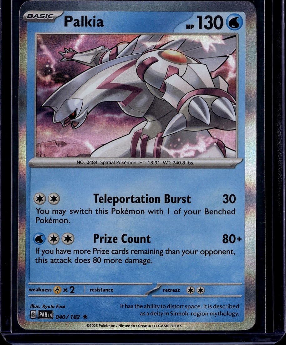 2023 Palkia Pokemon Scarlet Violet Paradox Rift 0: Palkia 040/182 is a Holo Rare Water-type card from the Scarlet & Violet: Paradox Rift expansion, released November 3, 2023. It features the attacks Teleportation Burst and Prize Count. The subtitle