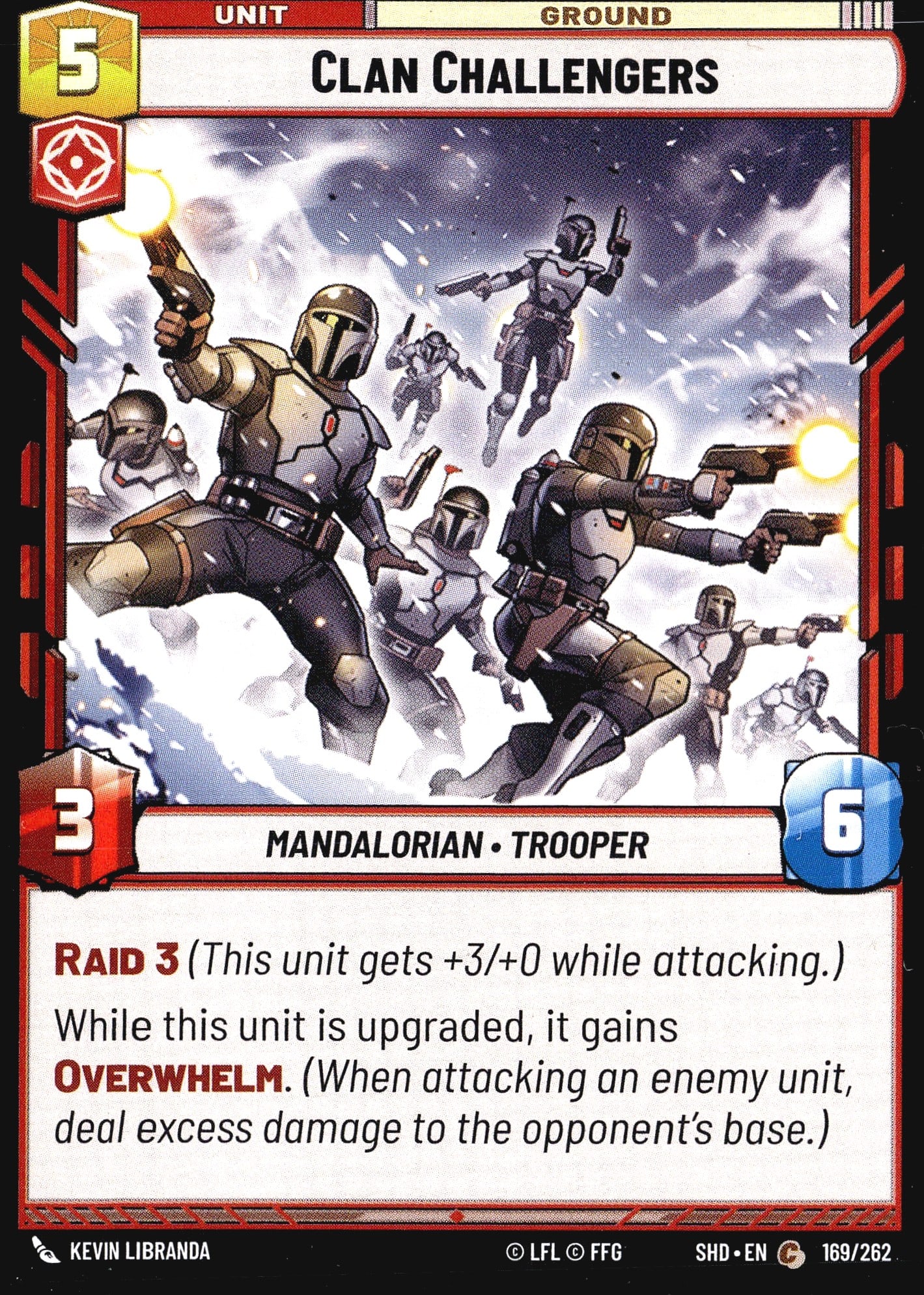 2024 Fantasy Flight Games Star Wars Unlimited Sha: This listing is for Clan Challengers (169/262), a Common Ground Unit card from the Star Wars Unlimited trading card game set Shadows of the Galaxy (SHD). The card features Mandalorian Trooper