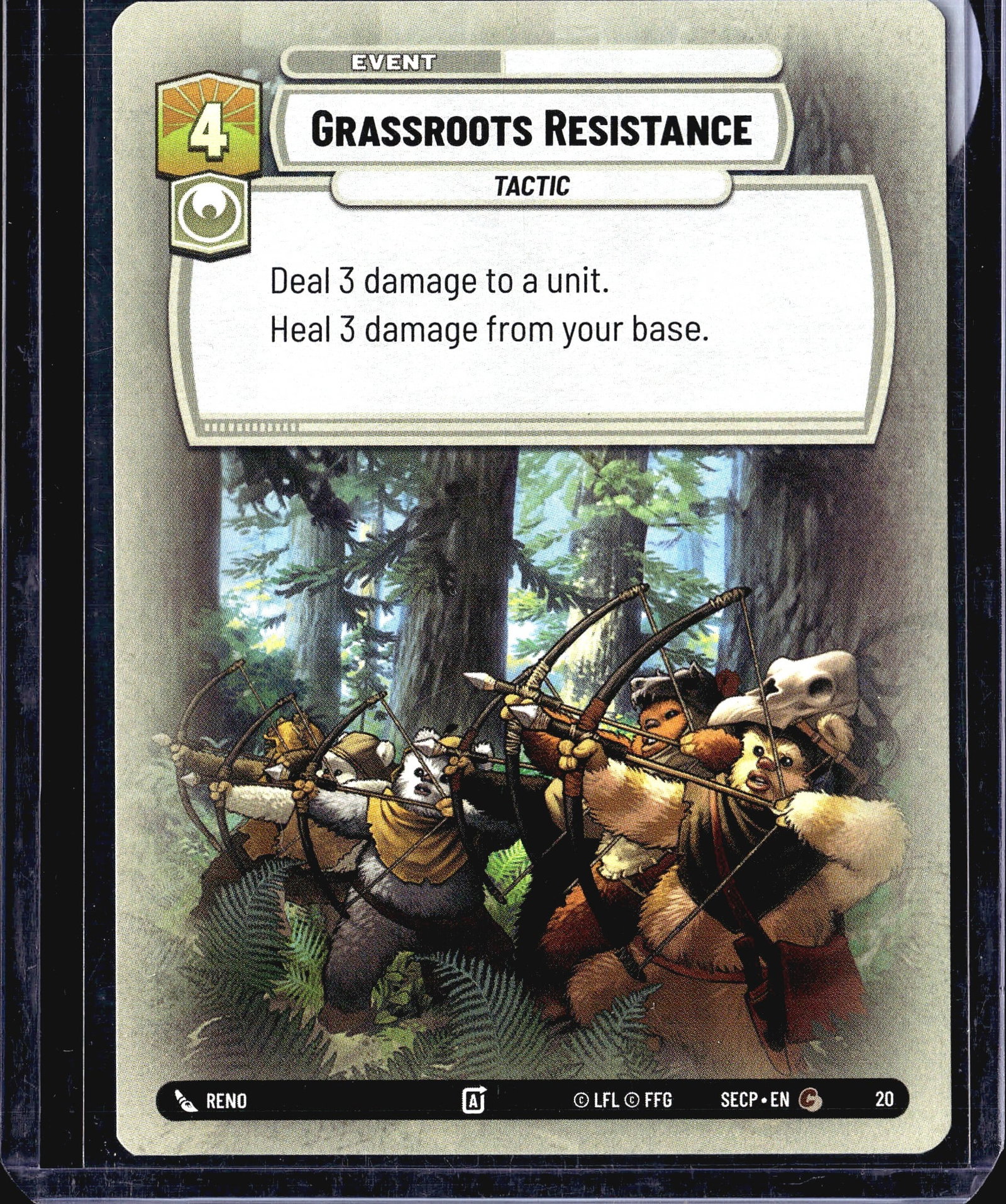 2024 Fantasy Flight Games Spark of Rebellion 20 S: Grassroots Resistance is card #20 from the Star Wars Unlimited trading card game, set code SECP (Spark of Rebellion). This is an Event card of the Tactic subtype with a cost of 4, bearing the Vigilanc