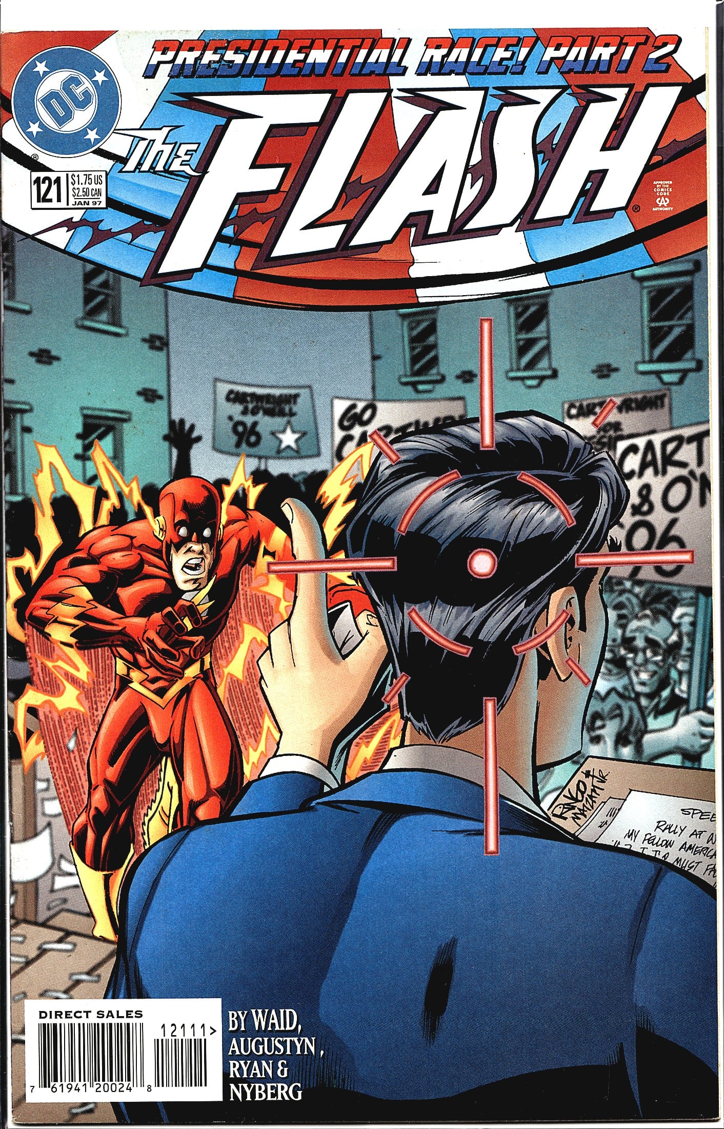1997 DC The Flash #121 Comic Book Collectible: The Flash #121 published by DC Comics, cover dated January 1997, priced at $1.75 US / $2.50 CAN. This issue is part two of the 'Presidential Race' story arc, as prominently displayed on the cover. The