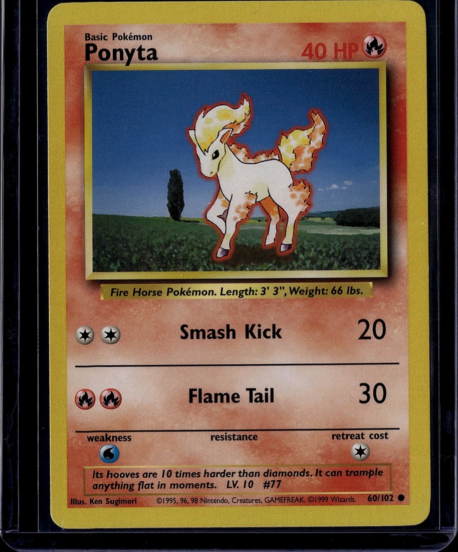 1999 Pokemon Base Set Ponyta Card 60/102 Fire Hor: This is an original 1999 Ponyta Pokemon Trading Card from the iconic Base Set, card #60/102. Ponyta is a Fire-type Basic Pokemon with 40 HP, featuring the classic Ken Sugimori illustration on a natura