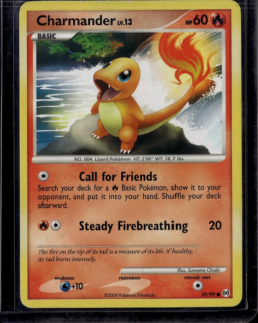 2009 Pokemon Platinum Arceus Charmander 59/99 Nea: Charmander Lv.13 is a Common Fire-type Basic Pokemon card from the Platinum: Arceus expansion, released November 4, 2009. Numbered 59/99, it has 60 HP and features the attack 'Call for Friends,' allow