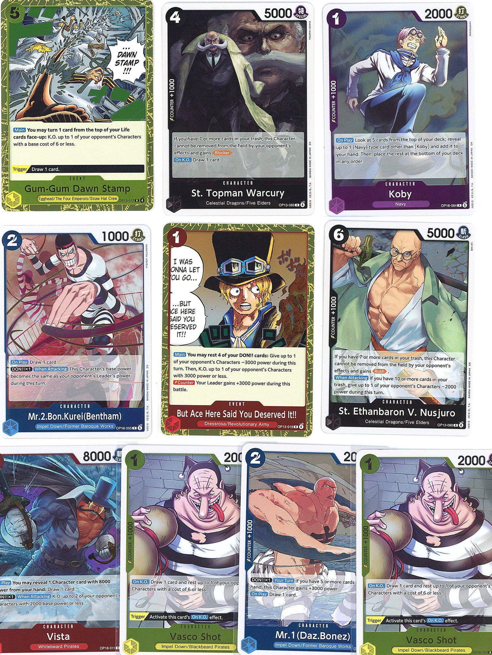 10-Card Lot Modern Holo One Piece Trading Cards T: This lot contains 10 ungraded holo One Piece trading cards from Bandai's TCG line. The lot includes a range of character cards visible in the photos, with holographic foil finish throughout. The cards