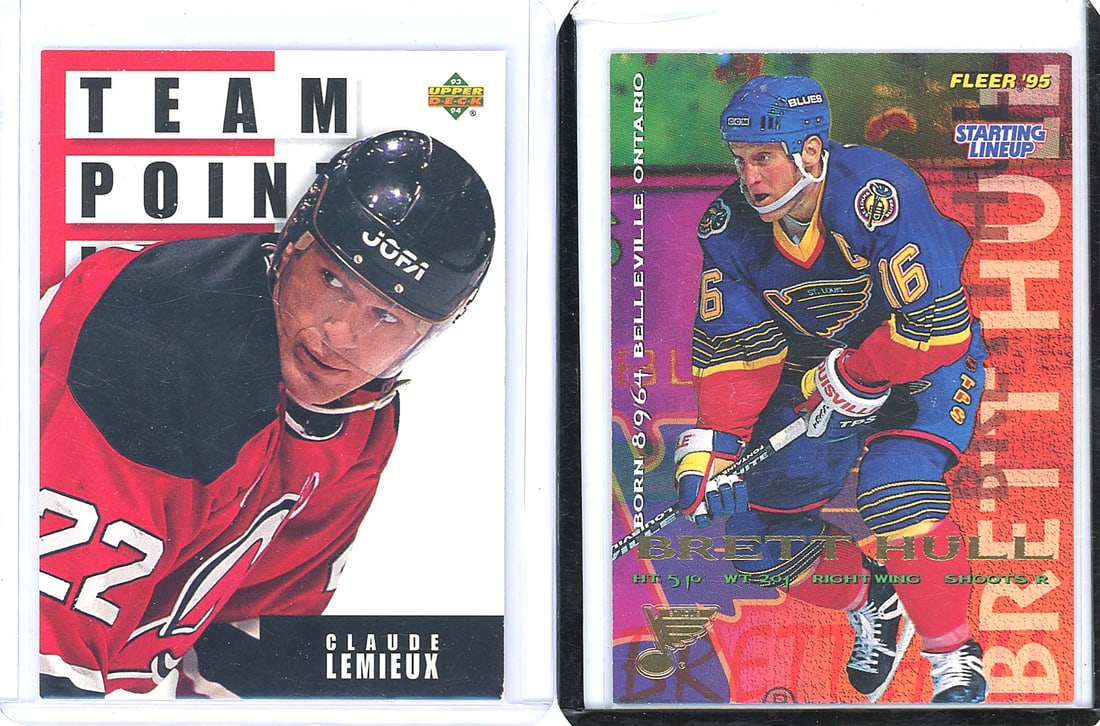 Lot: 1991 Upper Deck Claude Lemieux Team Point +: Vintage hockey card lot featuring two NHL stars. Includes 1991 Upper Deck Claude Lemieux Team Point Leaders card #296 (New Jersey Devils) showing the player in red jersey, and 1995 Fleer Brett Hull St