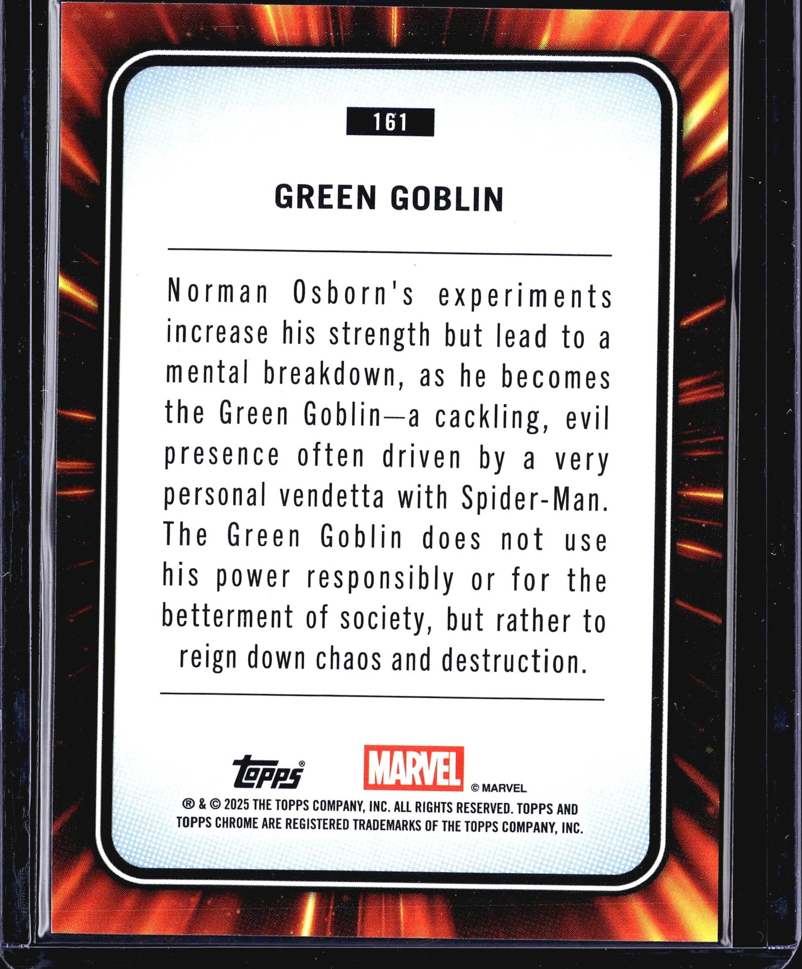 2025 Topps Chrome Marvel Green Goblin #161 Spider: This is card #161 from the 2025 Topps Chrome Marvel trading card set, featuring the Green Goblin. The front showcases a dynamic illustration of Norman Osborn's villainous alter ego in his iconic purpl
