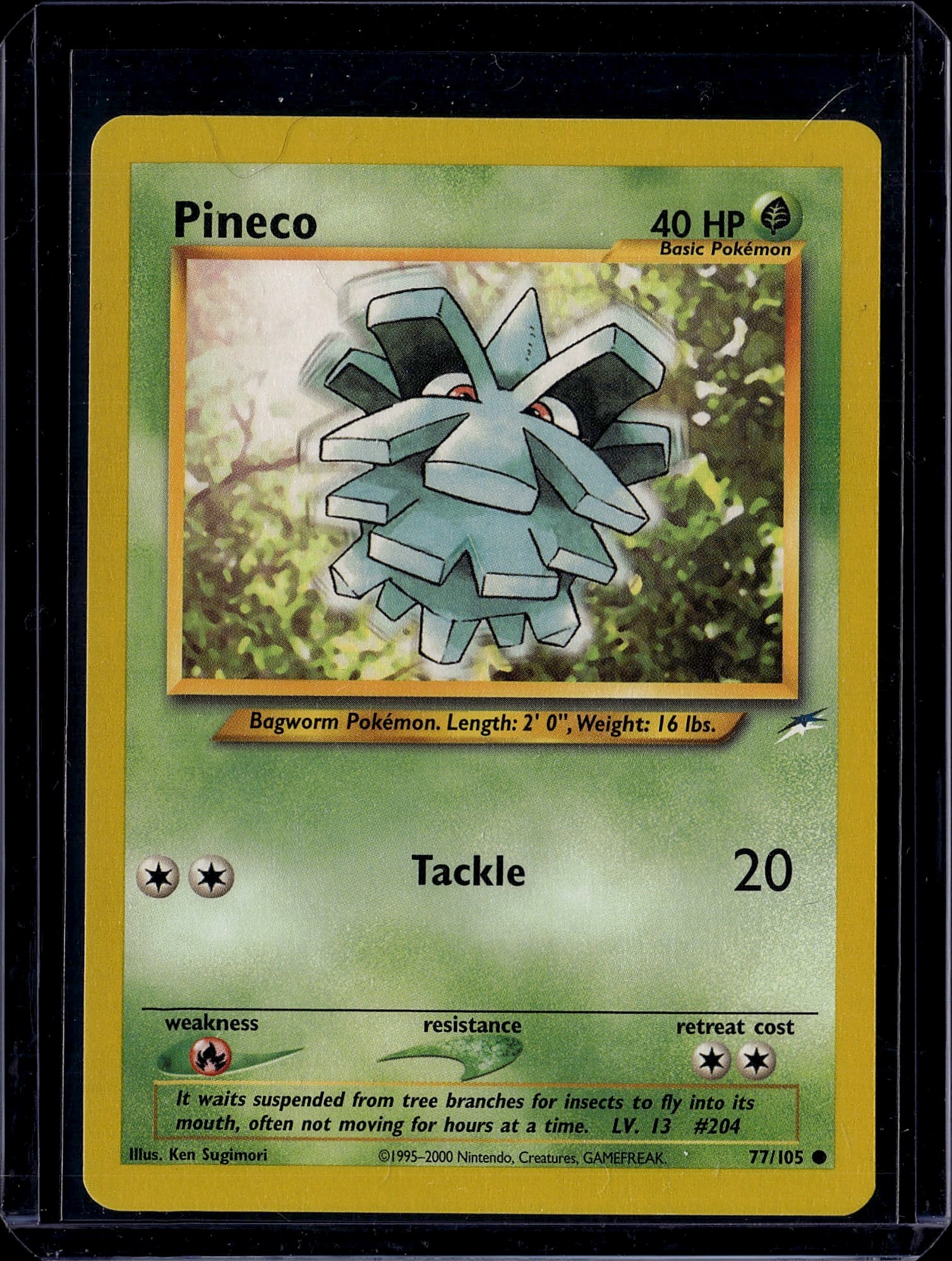 Pineco 77/102 Base Set Pokemon Card - Vintage 200: This is an authentic Pineco Pokemon card from the classic Base Set, card #77/102. Pineco is a Grass-type Bagworm Pokemon with 40 HP, famous for waiting suspended from tree branches for insects to fly 