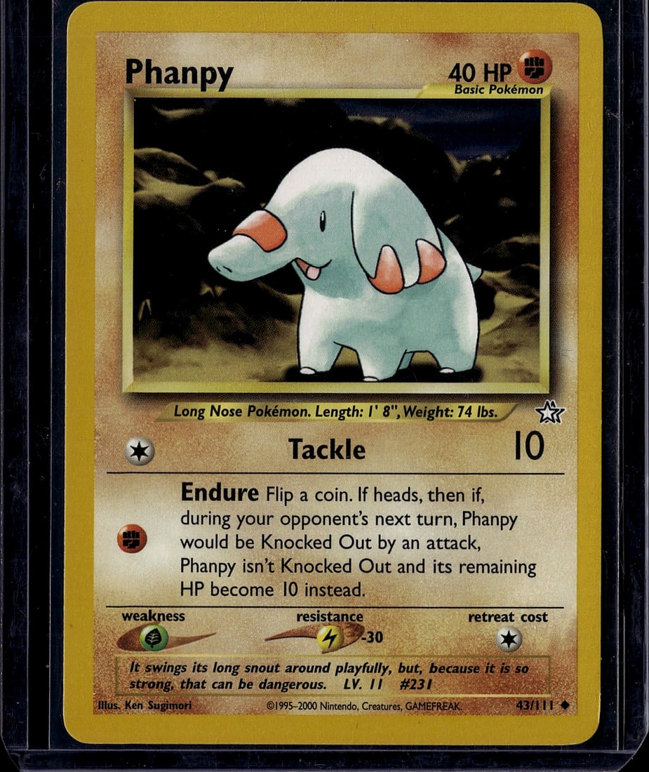 Phanpy 43/111 Neo Genesis Pokemon Card - Raw Vint: This is a raw vintage Phanpy Pokemon card from the Neo Genesis set (2000), card number 43/111. Phanpy is a Basic Pokemon with 40 HP featuring the classic Long Nose Pokemon artwork. The card displays t