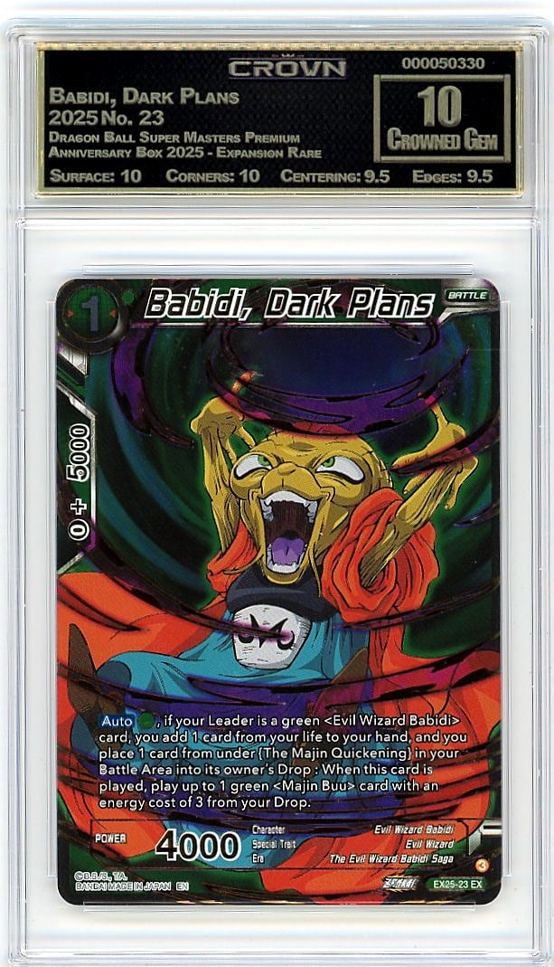 2025 Babidi, Dark Plans Dragon Ball Super Masters: This Babidi, Dark Plans card represents an exceptional addition to any serious collector's portfolio. Graded a perfect 10.00 by Crown Grading, this card exemplifies the highest standards of condition 