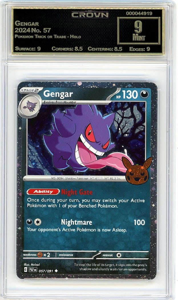 2024 Gengar Pokemon Trick or Trade Holo #57 Crown: This is a 2024 Gengar card from the Pokemon Trick or Trade - Holo set, card number 57. It's a professionally graded collectible that has been authenticated and evaluated by Crown Grading. The card has