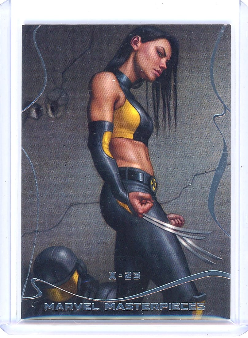 2022 Marvel Masterpieces X-23 Laura Kinney #35 /1: This is card #35 from the 2022 Upper Deck Marvel Masterpieces set, featuring X-23 (Laura Kinney), the female clone of Wolverine. The card front showcases painted artwork by Dan dos Santos, depicting X