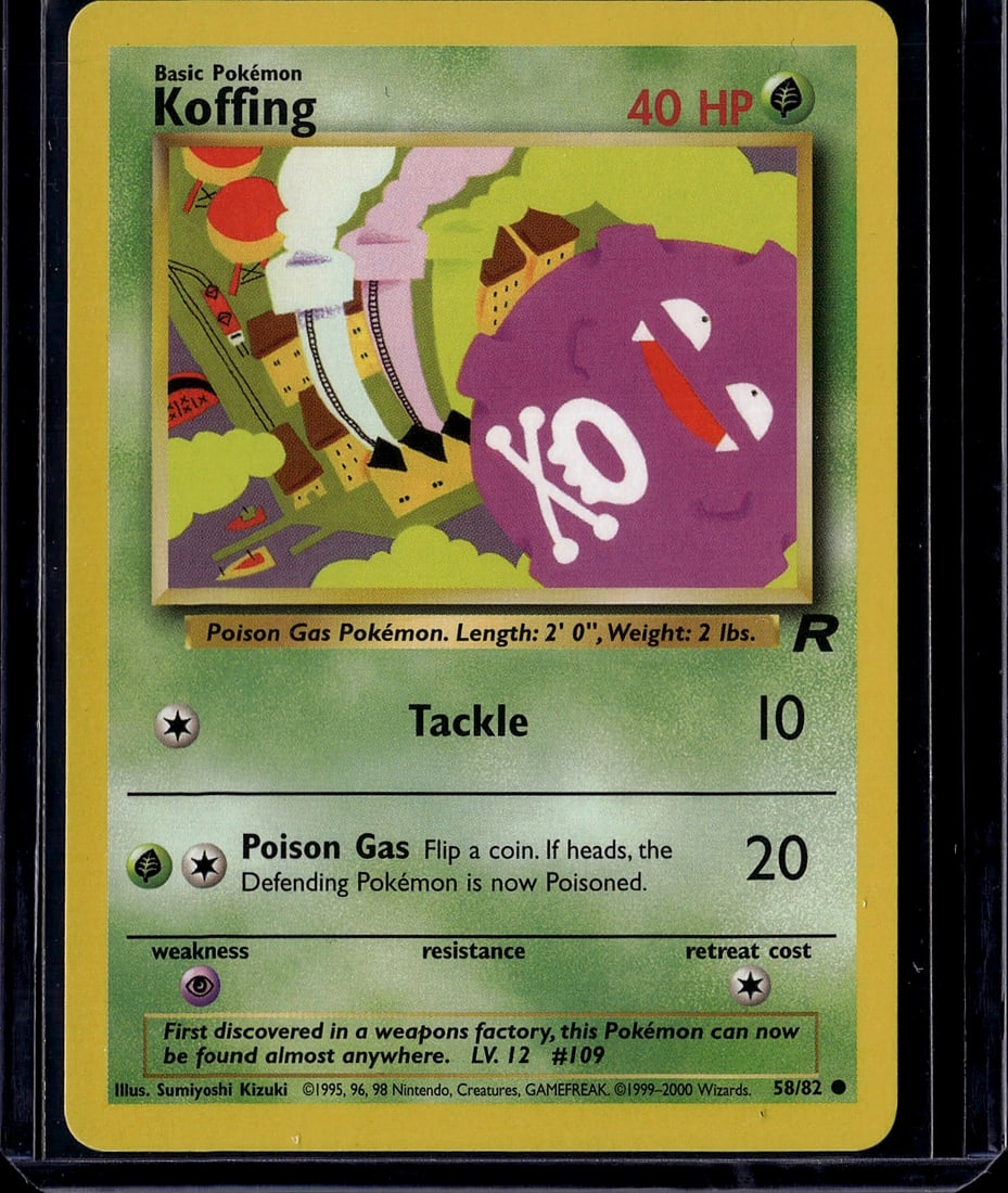 Koffing Base Set 58/82 Vintage Pokemon Card 1999: This is an authentic Koffing Pokemon trading card from the iconic Base Set, released in 1999. Card #58/82 features the Poison Gas Pokemon with its distinctive purple blob design and skull marking. The
