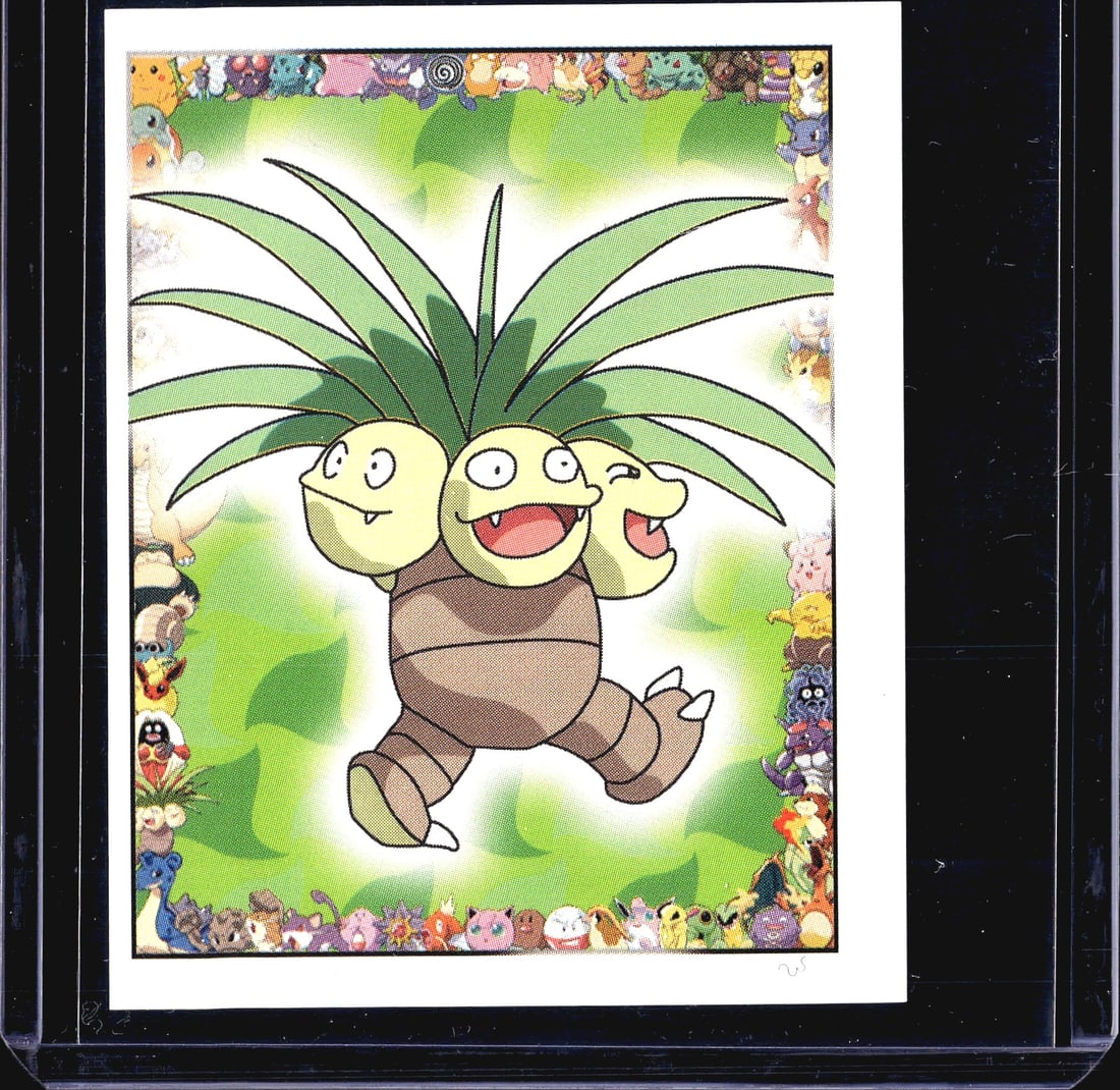 1999 Topps Merlin Pokemon Series 1 Stickers Exegg: This is sticker #103 from the 1999 Merlin Pokemon Collection sticker series, featuring Exeggutor, the Grass/Psychic-type Pokemon. The front displays a vibrant illustration of Exeggutor surrounded by a