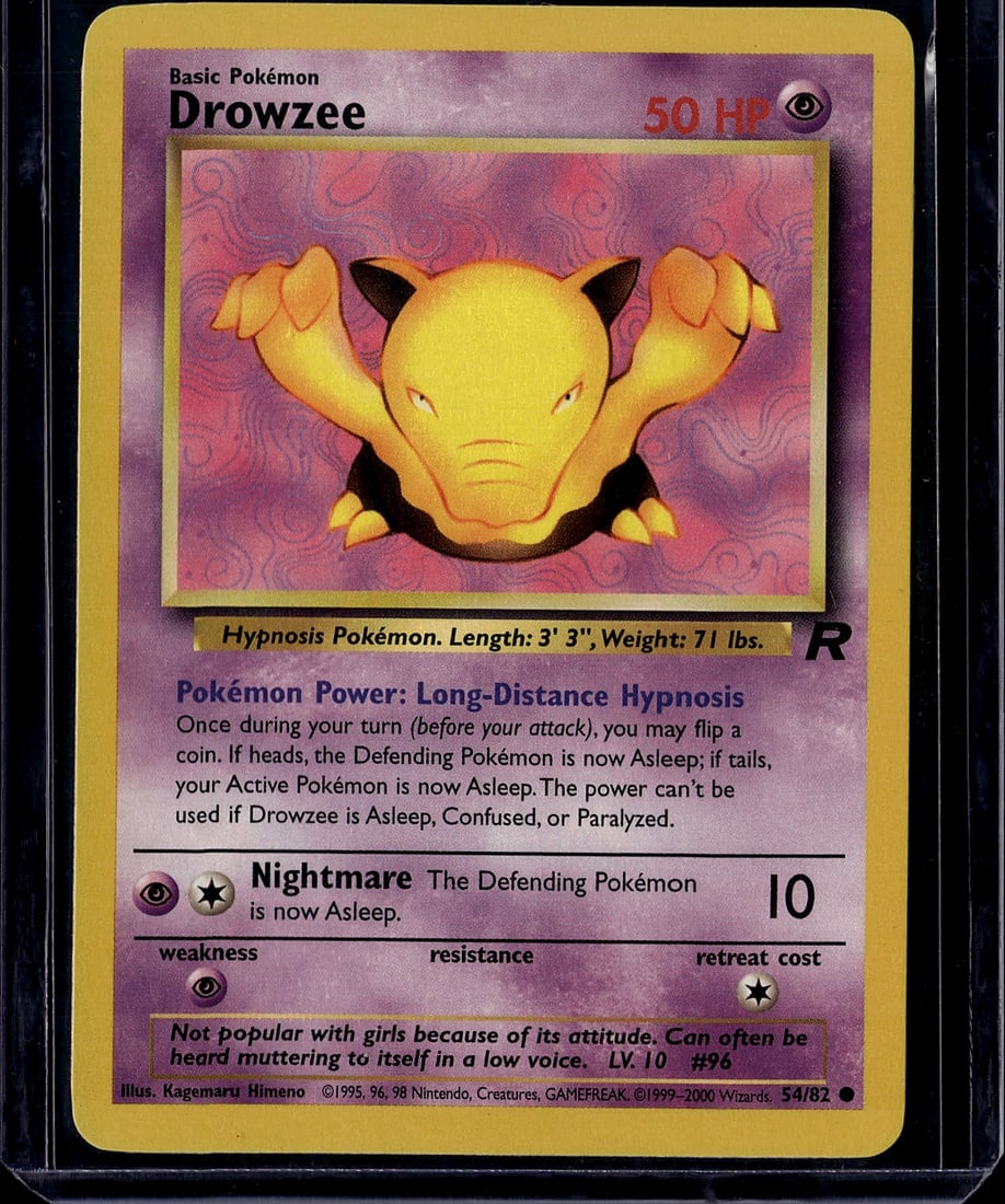 Drowzee Base Set 54/82 Pokemon Card 1999: This is an authentic Drowzee Pokemon card from the classic 1999 Base Set, card number 54/82. As a Basic Psychic-type Pokemon with 50 HP, Drowzee features the iconic Long-Distance Hypnosis Pokemon Powe