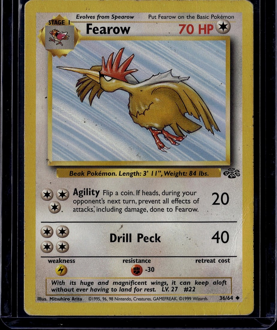 1999 Pokemon Base Set Fearow #36/64 Stage 1: This is an original 1999 Pokemon Trading Card Game Base Set Fearow card (#36/64), a Stage 1 Evolution card that evolves from Spearrow. The card features artwork by Mitsuhiro Arita and displays
