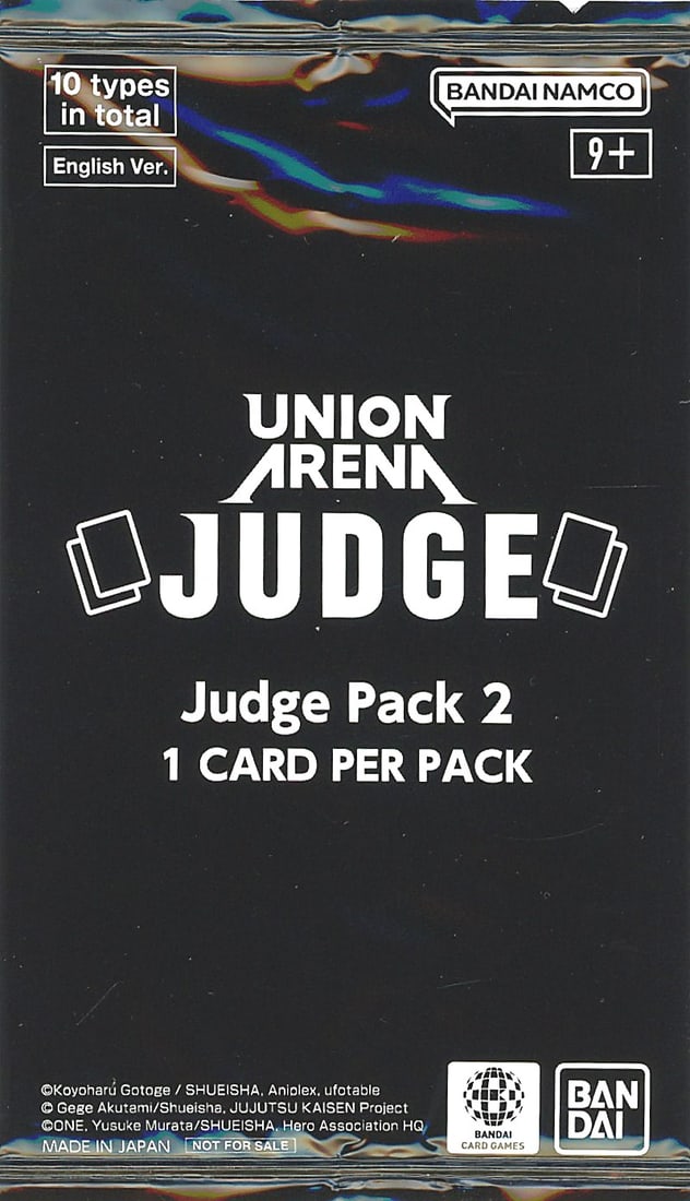 Bandai Union Arena Judge Pack 2 Tournament Promo: This is a sealed Union Arena Judge Pack 2 by Bandai Namco, English version. The pack contains 1 card per pack and features 10 types in total across the set. Judge Packs are exclusive promotional