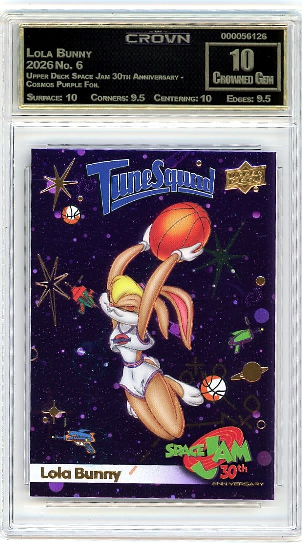 2026 Lola Bunny #6 Upper Deck Space Jam 30th: This is a 2026 Lola Bunny card #6 from the Upper Deck Space Jam 30th Anniversary Cosmos Purple Foil set. The card features the iconic character in a premium purple foil variant, making it a standout p