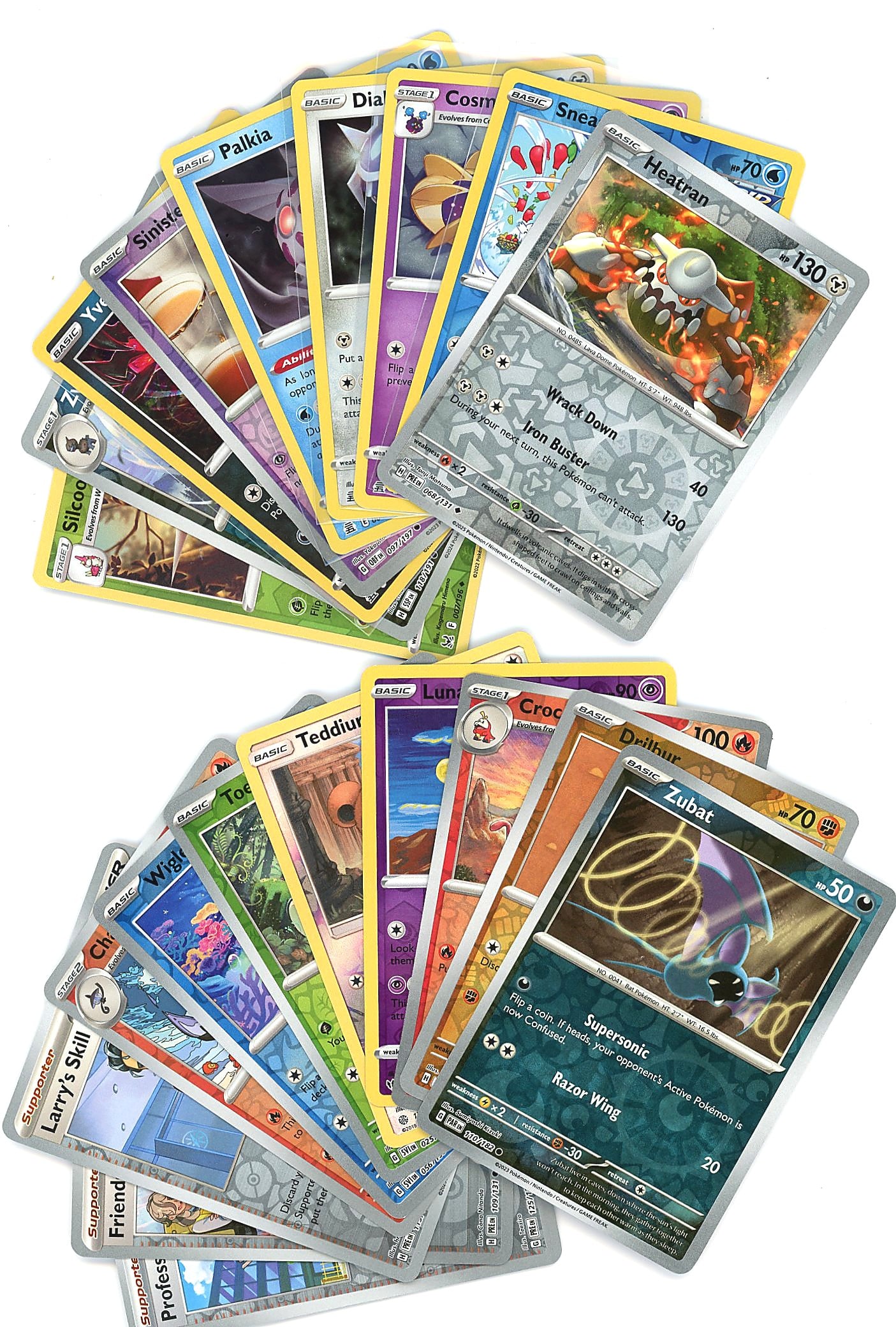 Pokemon Raw Singles Lot - Reverse Holo Cards: Large lot of raw Pokemon singles featuring reverse holo cards across multiple modern sets. The collection includes recognizable Pokemon such as Palkia, Dialga, Cosmo, Sneasel, Heatran, Siltch, Lunaton