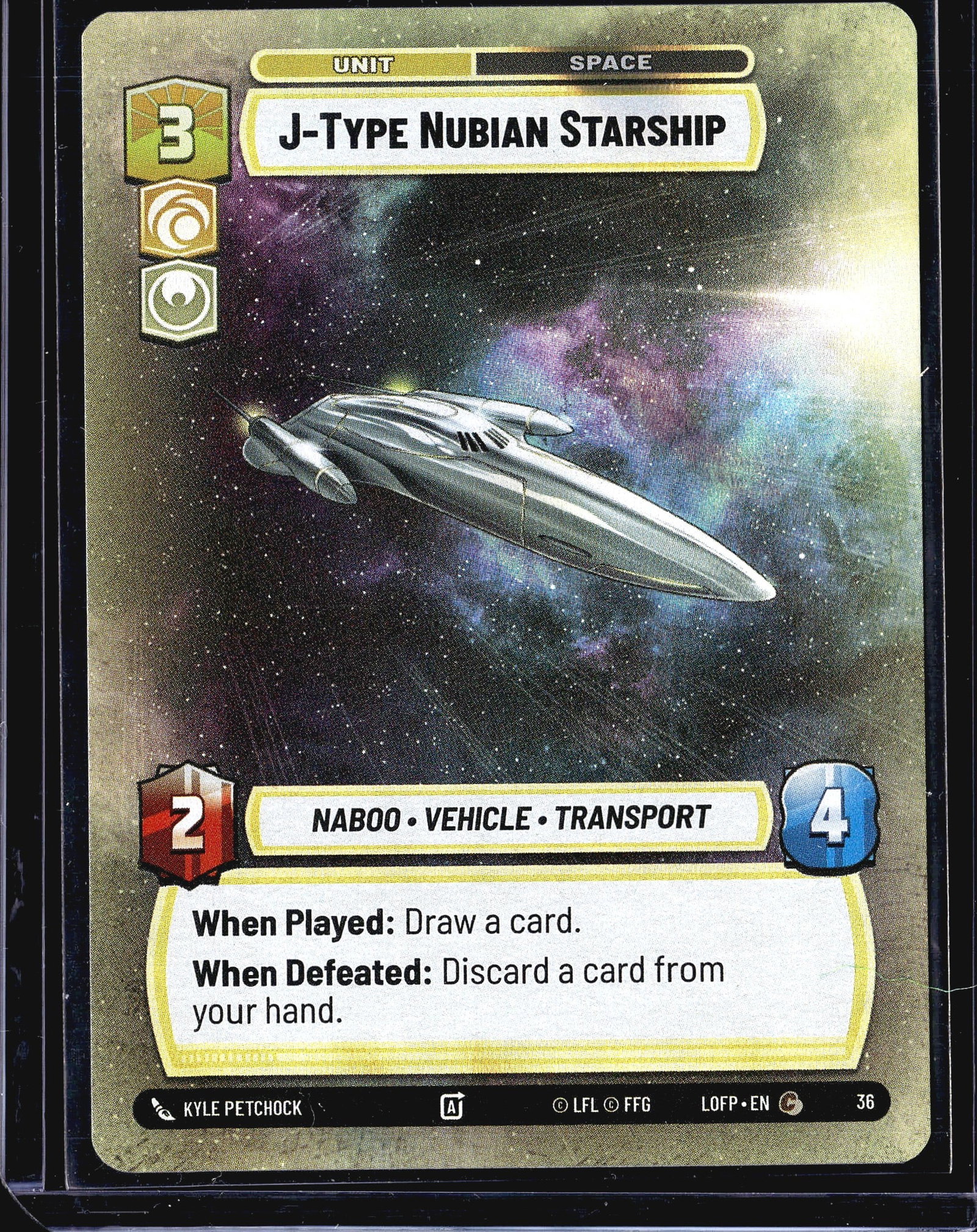 2024 Fantasy Flight Games Legends of the Force: This listing is for the J-Type Nubian Starship, card #36 from the Star Wars Unlimited trading card game set LOFP (Light of the Force / Peace, EN edition). Published by Fantasy Flight Games under LFL