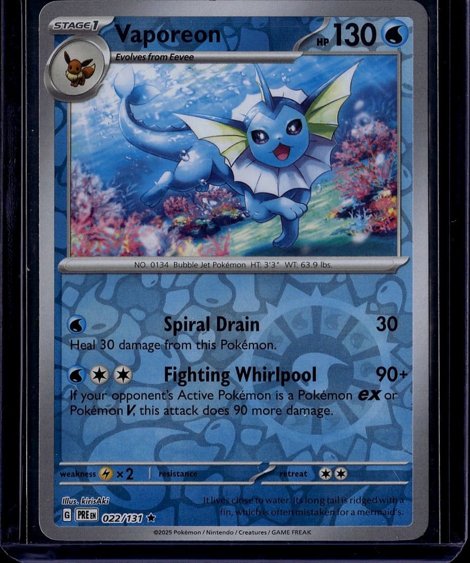 2025 Pokemon Vaporeon 022/131 Scarlet Violet: This is a 2025 Pokemon Trading Card Game Vaporeon card from the Scarlet & Violet set, card number 022/131. Vaporeon is a Stage 1 Water-type Pokemon that evolves from Eevee, featuring 130 HP and