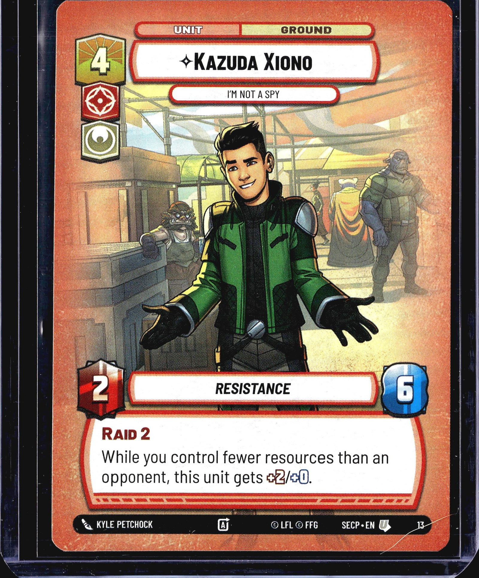 2024 FFG Star Wars Unlimited Spark of Rebellion: This listing features Kazuda Xiono (#13), a Ground Unit card from the Star Wars Unlimited trading card game, part of the Spark of Rebellion set (SECP). The card belongs to the Resistance faction and