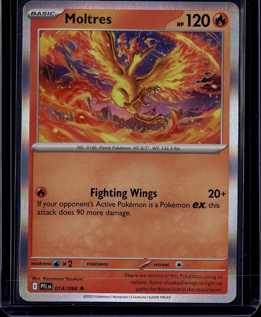 2025 Pokemon Moltres 014/094 Scarlet Violet: This is a 2025 Pokemon Moltres Basic Fire-type card (No. 0146) from the Scarlet & Violet set, numbered 014/094. The card features stunning full-art illustration of the legendary flame Pokemon with