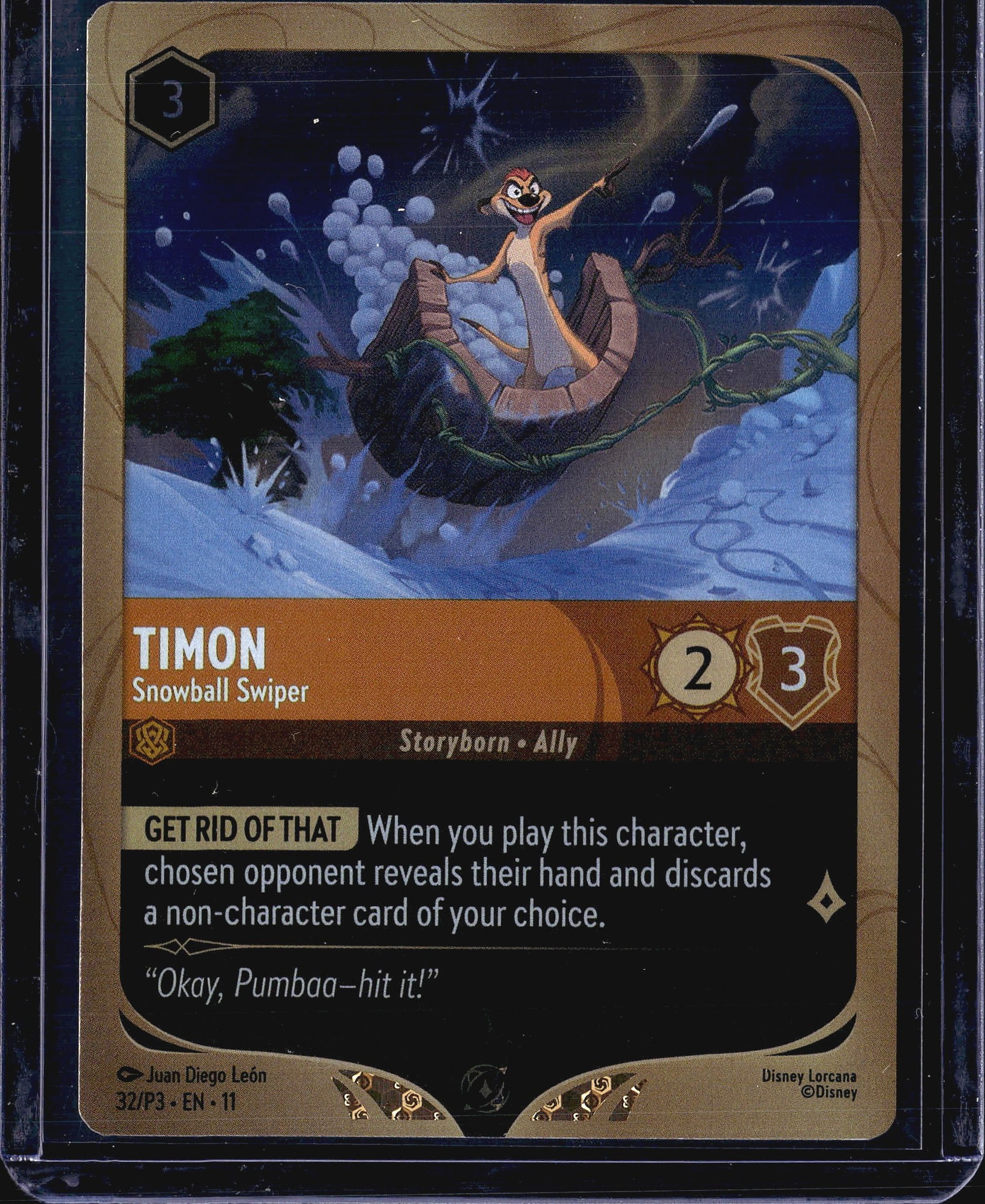 2024 Disney Lorcana Winterspell Timon 32/P3 Foil: This listing features Timon - Snowball Swiper, card number 32/P3 from the Disney Lorcana trading card game, printed in English (EN-11). The card is classified as a Storyborn Ally with a cost of 3,