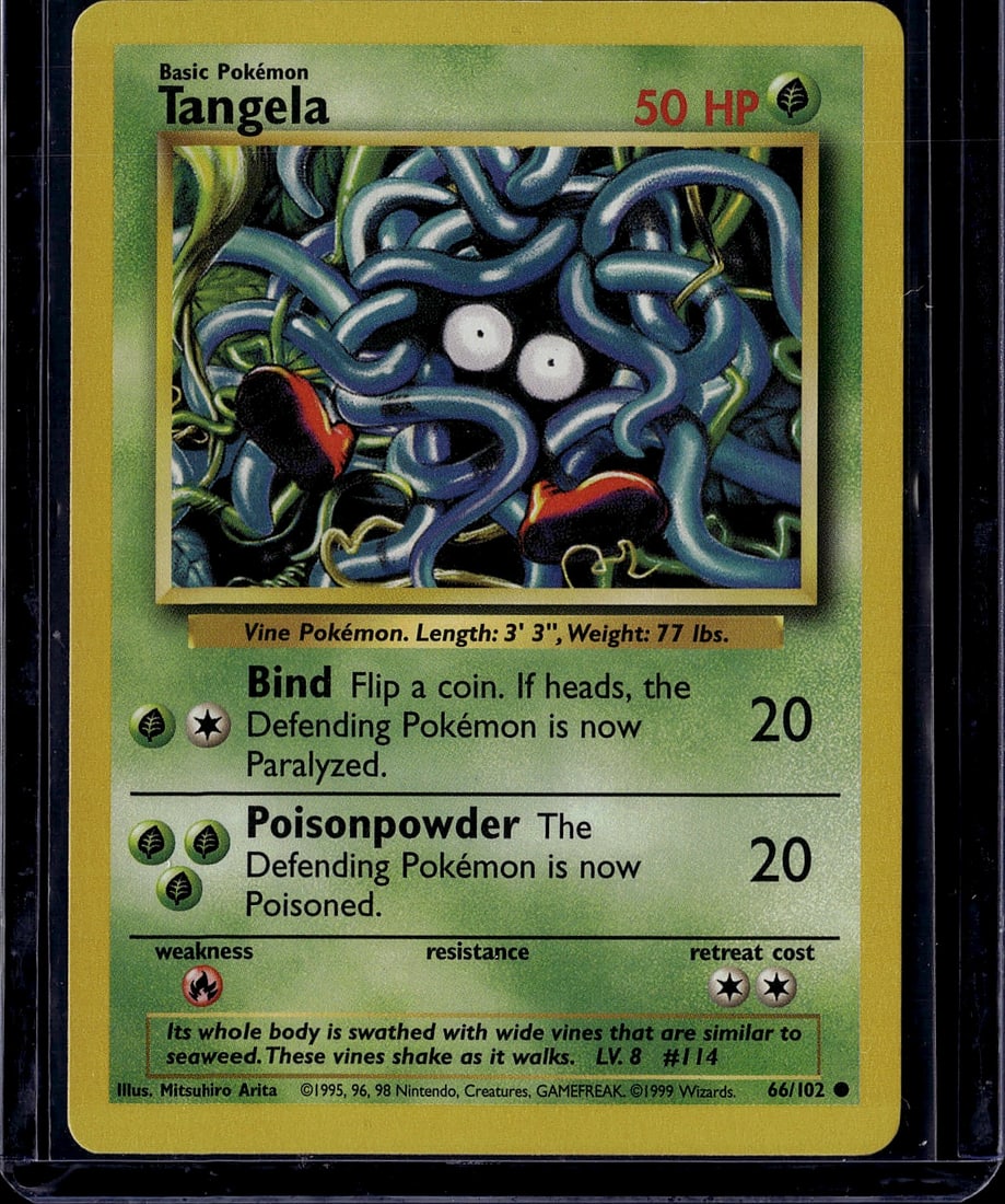 Tangela Base Set 66/102 Pokemon Card 1999: This is an authentic Tangela Pokemon Trading Card Game card from the original 1999 Base Set, produced by Nintendo and illustrated by Mitsuhiro Arita. Card number 66/102, this Basic Grass-type Pokemon