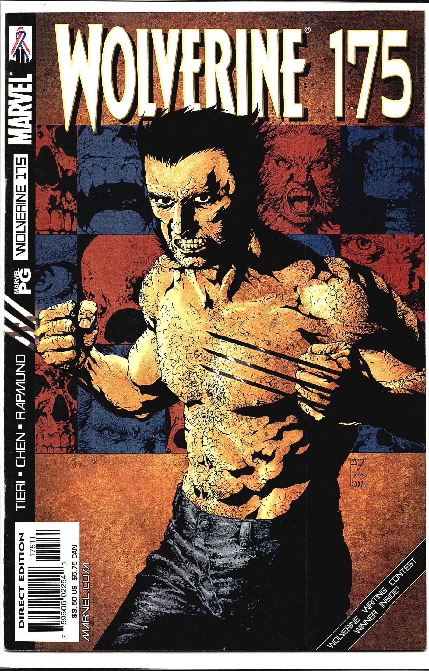 2002 Marvel Comics Wolverine #175 Direct Edition: Wolverine #175 published by Marvel Comics, released in 2001. This is the Direct Edition of the landmark 175th issue, written by Frank Tieri with art by Sean Chen and Norm Rapmund. The cover, signed