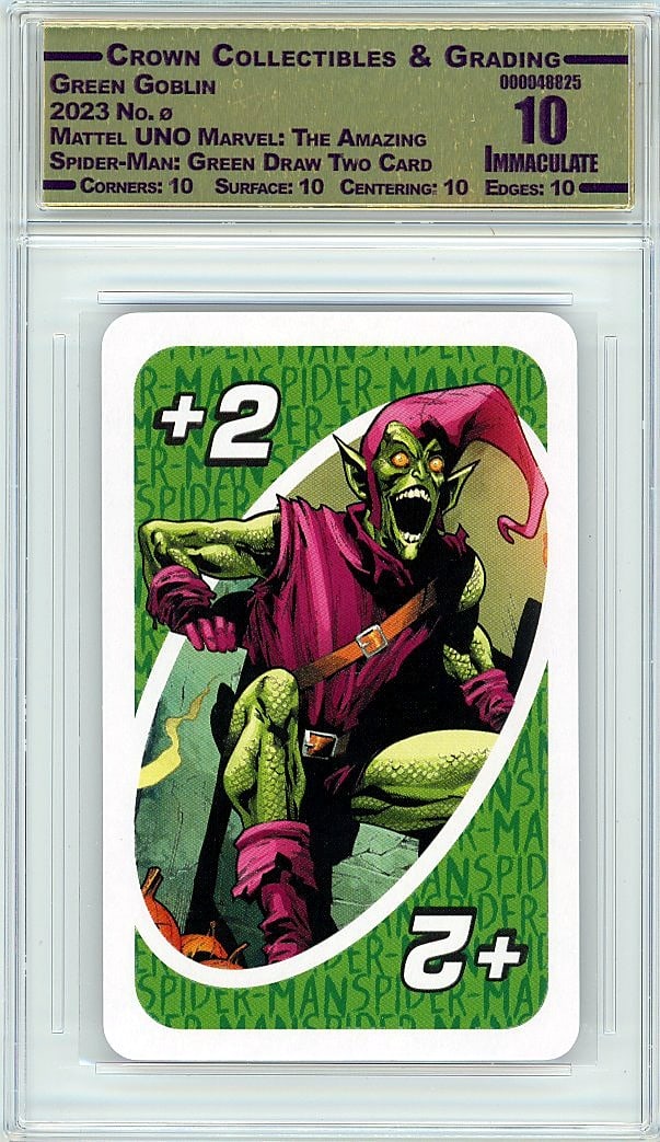 2023 Green Goblin Mattel UNO Marvel: The Amazing: Graded by Crown Grading. Grade: 10.00. Immaculate