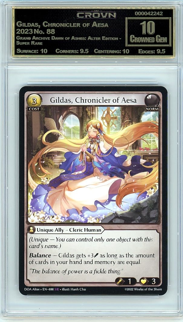 2023 Gildas, Chronicler of Aesa Grand Archive: Graded by Crown Grading. Grade: 10.00. Crowned Gem