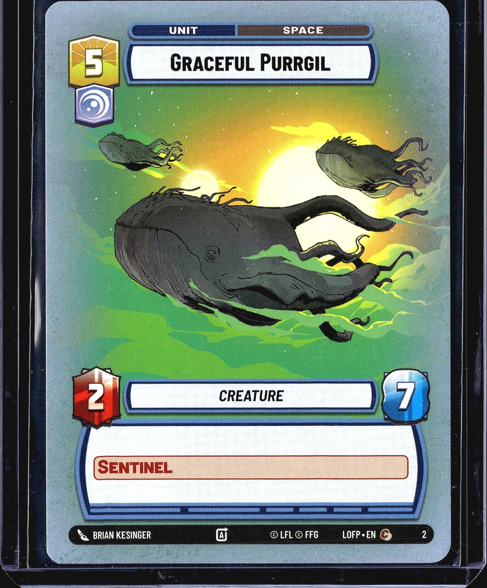 2024 Fantasy Flight Games Legends of the Force: This listing is for the Graceful Purrgil (#2) from the Star Wars Unlimited trading card game, set Legends of the Force (LOFP). It is a Unit card of the Space type, belonging to the Creature subtype.