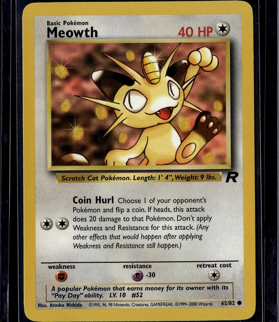 Meowth 62/82 Base Set Pokemon Card 1999 Vintage: This is an authentic Meowth Pokemon trading card from the iconic 1999 Base Set, one of the most sought-after vintage Pokemon releases. Card #62/82 features the classic Scratch Cat Pokemon with its