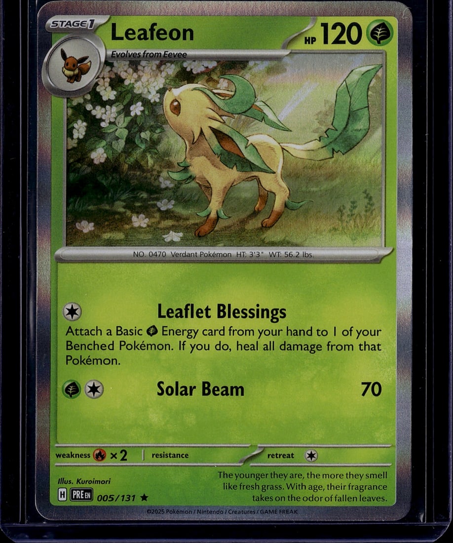 2025 Pokemon Scarlet Violet Prismatic Evolutions: Leafeon is a Stage 1 Grass-type Pokemon card with 120 HP from the 2025 Scarlet & Violet: Prismatic Evolutions set. It features two attacks: Leaflet Blessings (attach a Basic Grass Energy to a Benched