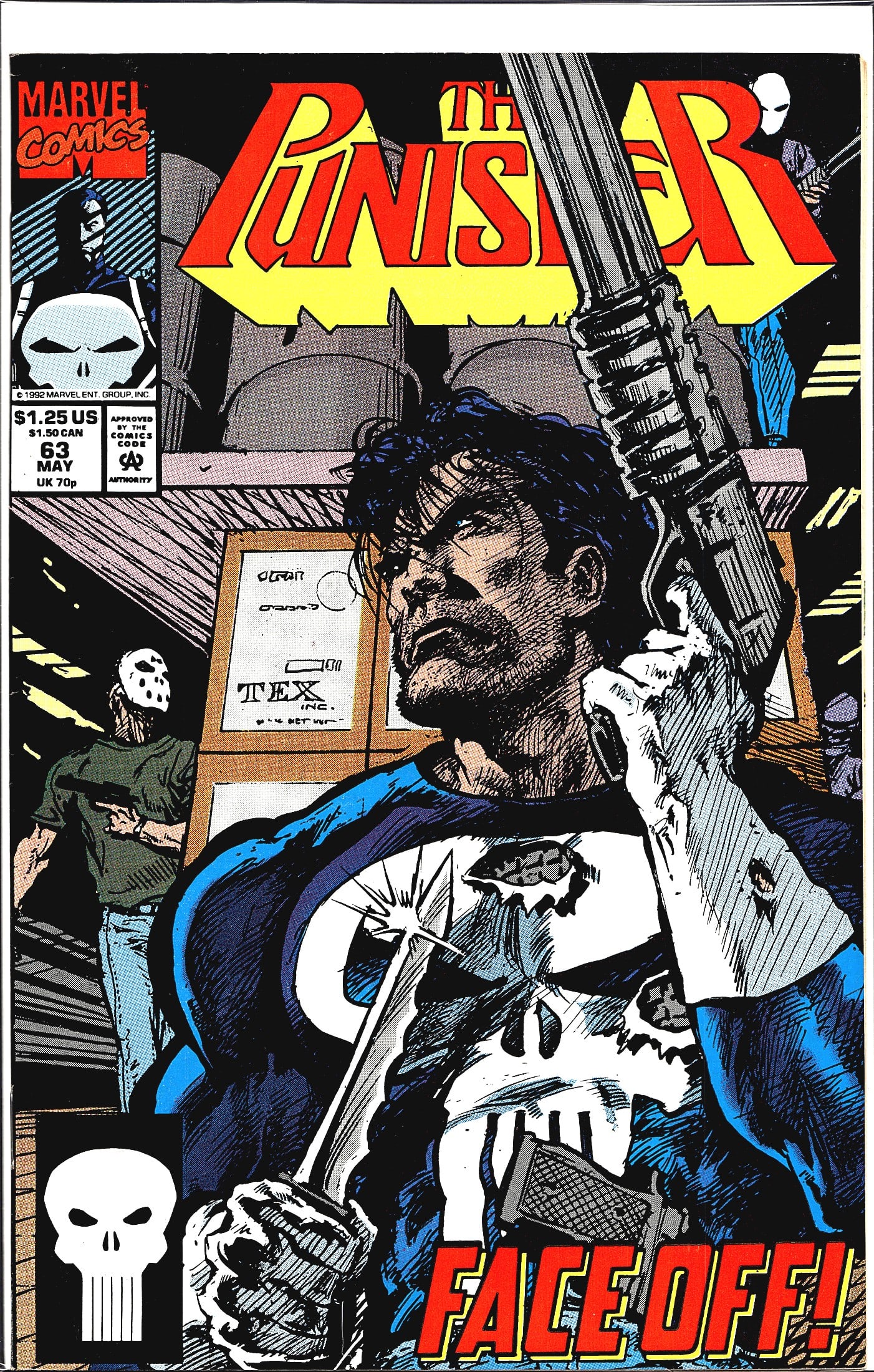 1992 Marvel The Punisher 2nd Series #63 Comic: This is The Punisher #63, published by Marvel Comics in May 1992, titled "Face Off!". The cover features the Punisher in his iconic skull-emblazoned costume, battered and holding a large firearm,