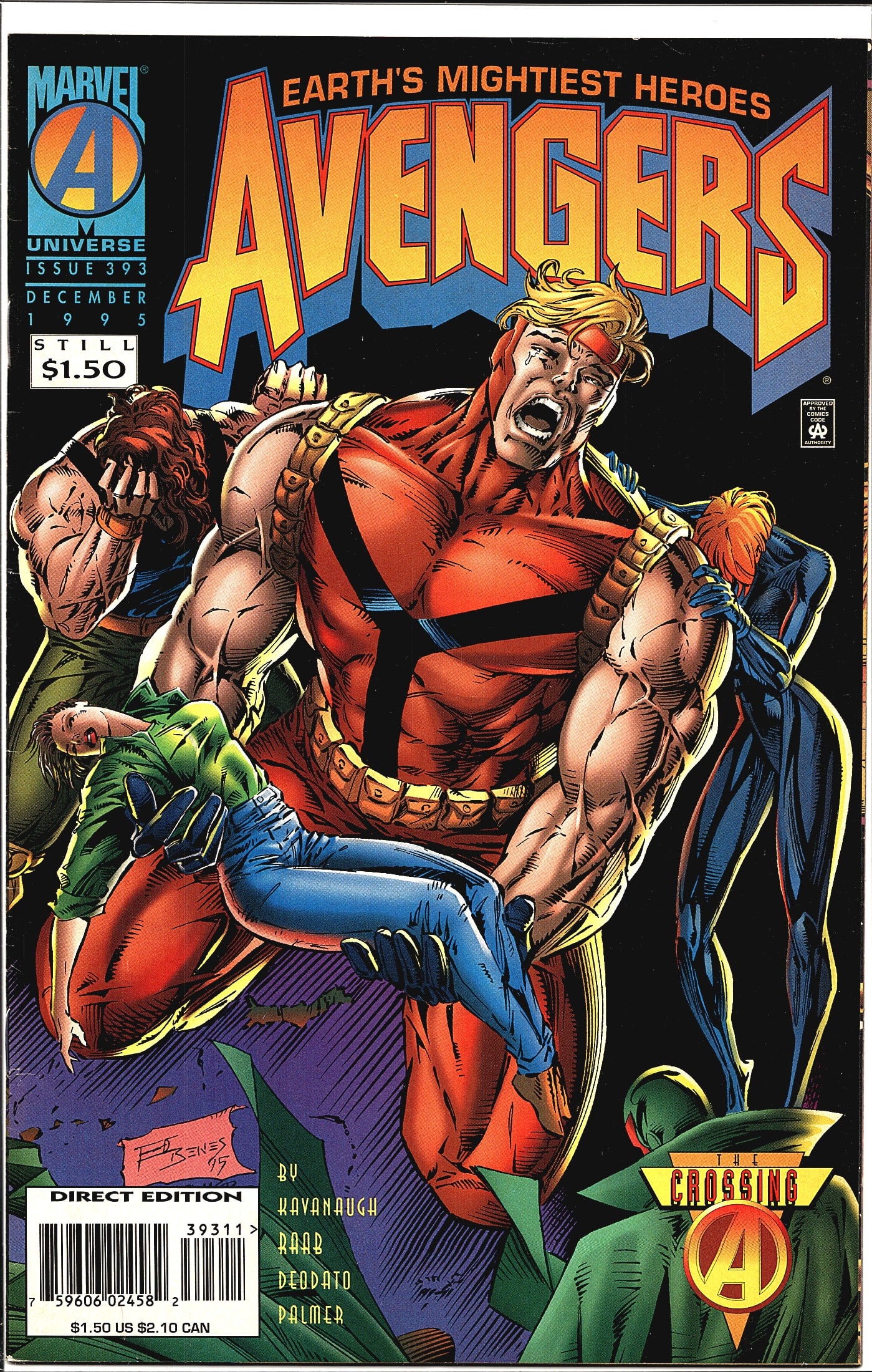 Avengers #393 Marvel Comics 1995 The Crossing: Avengers #393, published by Marvel Comics in December 1995, is part of 'The Crossing' crossover storyline. This is the Direct Edition, priced at $1.50. The cover art, signed by Ed Benes '95, features 