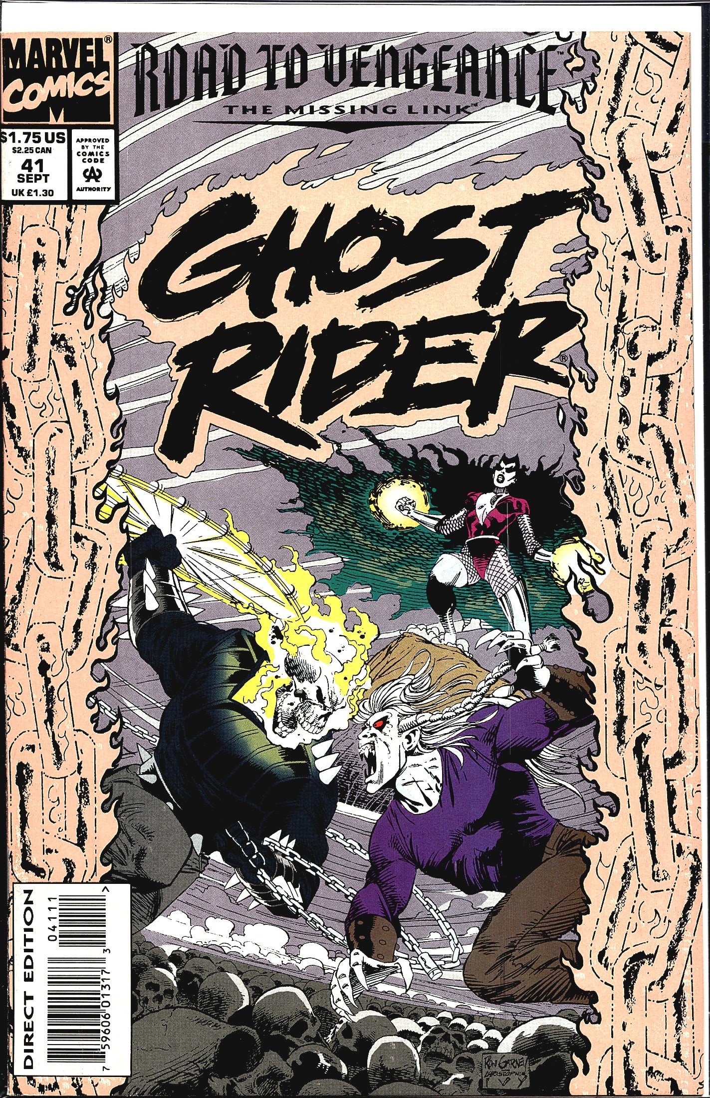 1993 Marvel Comics Ghost Rider #41 Comic Book: Ghost Rider #41 published by Marvel Comics, cover dated September 1993, priced at $1.75 US. This issue is part of the 'Road to Vengeance: The Missing Link' storyline. The cover art, signed by Ron Garn