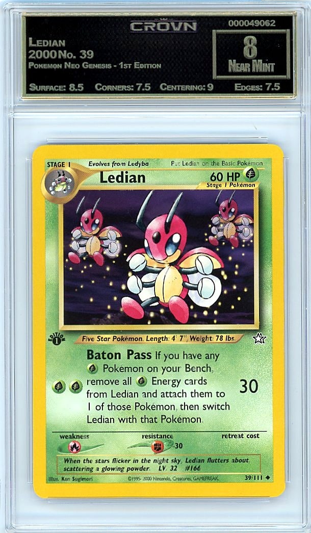2000 Ledian Pokemon Neo Genesis - 1st Edition: This 2000 Ledian Pokemon Neo Genesis 1st Edition card graded Crown 8.00 represents a highly desirable piece from one of Pokemon's most collectible sets. The Neo Genesis set remains a cornerstone of vi