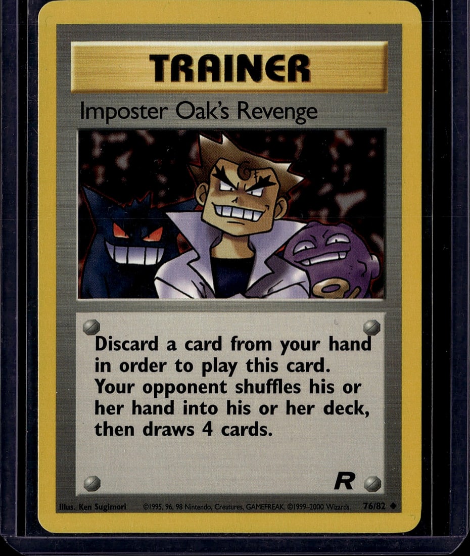 1999 Wizards of the Coast Pokemon Team Rocket: This is an original 1999 Imposter Oak's Revenge Trainer card from the Pokemon Trading Card Game, published by Wizards of the Coast. Card number 76/82, this vintage piece features artwork by Ken Sugimo