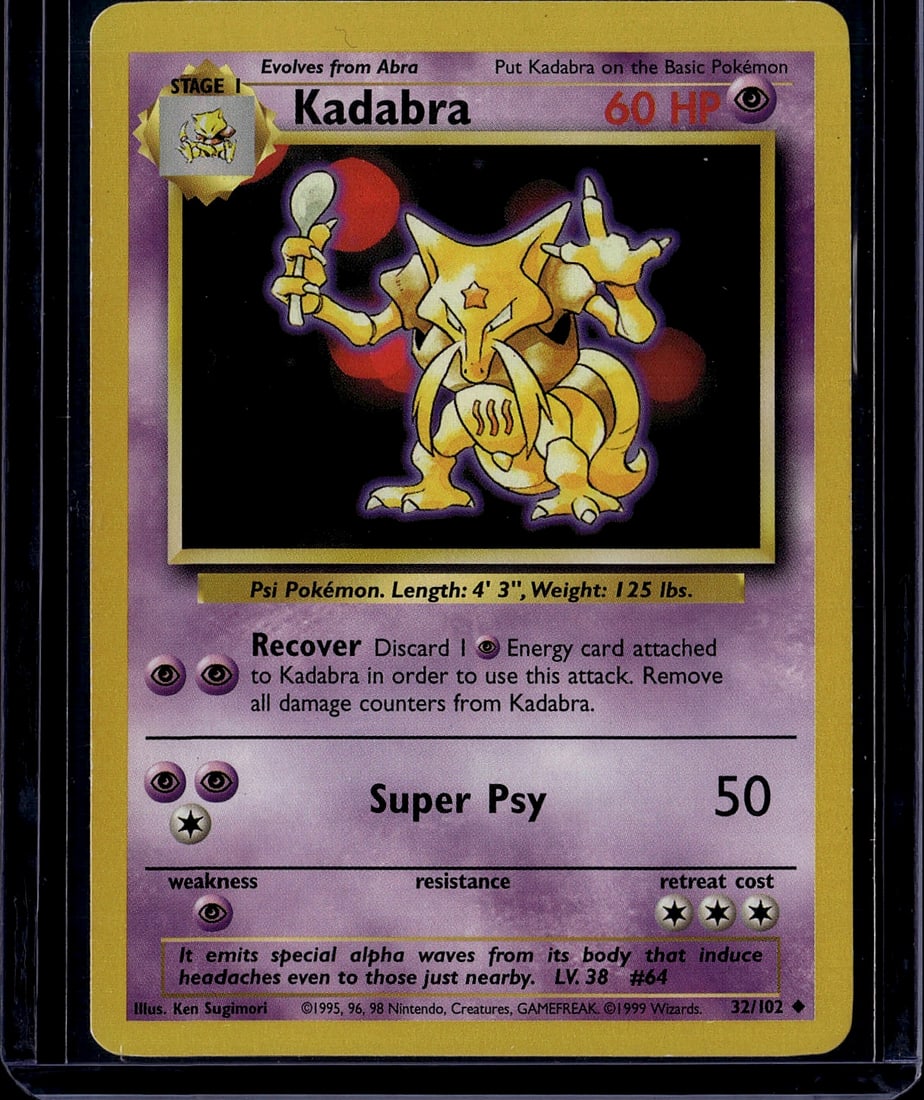 Kadabra 32/102 Base Set Pokemon Card 1999 Stage: This is an authentic Kadabra Pokemon Trading Card from the 1999 Base Set, card number 32/102. Kadabra is a Stage 1 Psychic-type Pokemon that evolves from Abra, featuring the iconic artwork by Ken