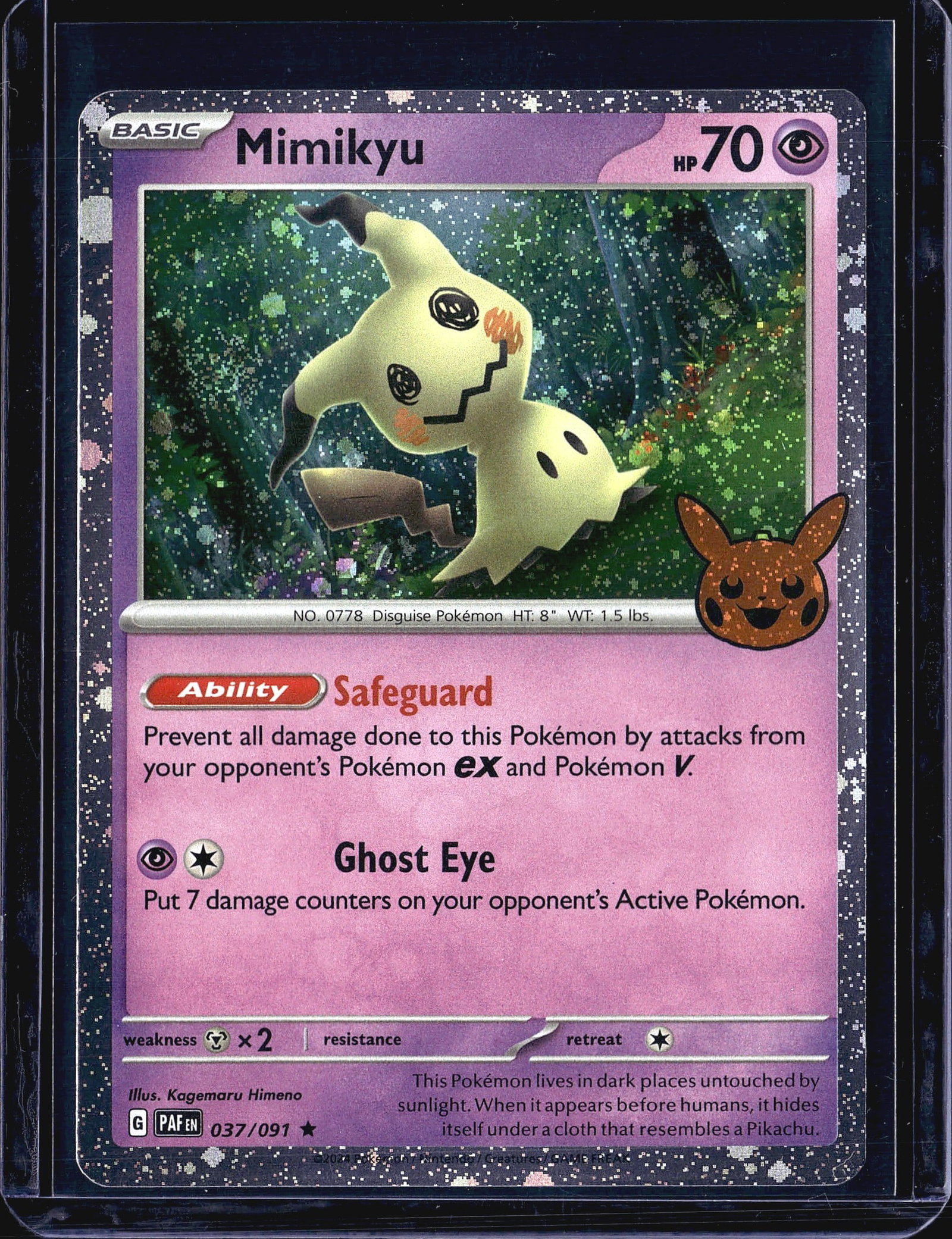 2024 Pokemon Paldean Fates Mimikyu 037/091 Holo: This listing features Mimikyu (No. 0778, the Disguise Pokemon) from the 2024 Pokemon Trading Card Game expansion Paldean Fates, card number 037/091. Mimikyu is a Basic Psychic-type with 70 HP,