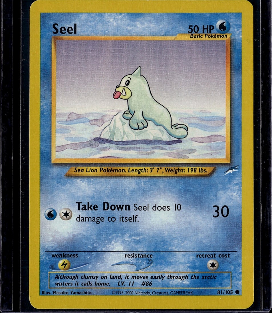 Seel Base Set 81/105 Pokemon Card 1995 - Sea: This is a vintage Seel Pokemon trading card from the original 1995 Base Set (card #81/105). As a Basic Water-type Pokemon with 50 HP, Seel features the classic illustration by Masako Yamashita showing