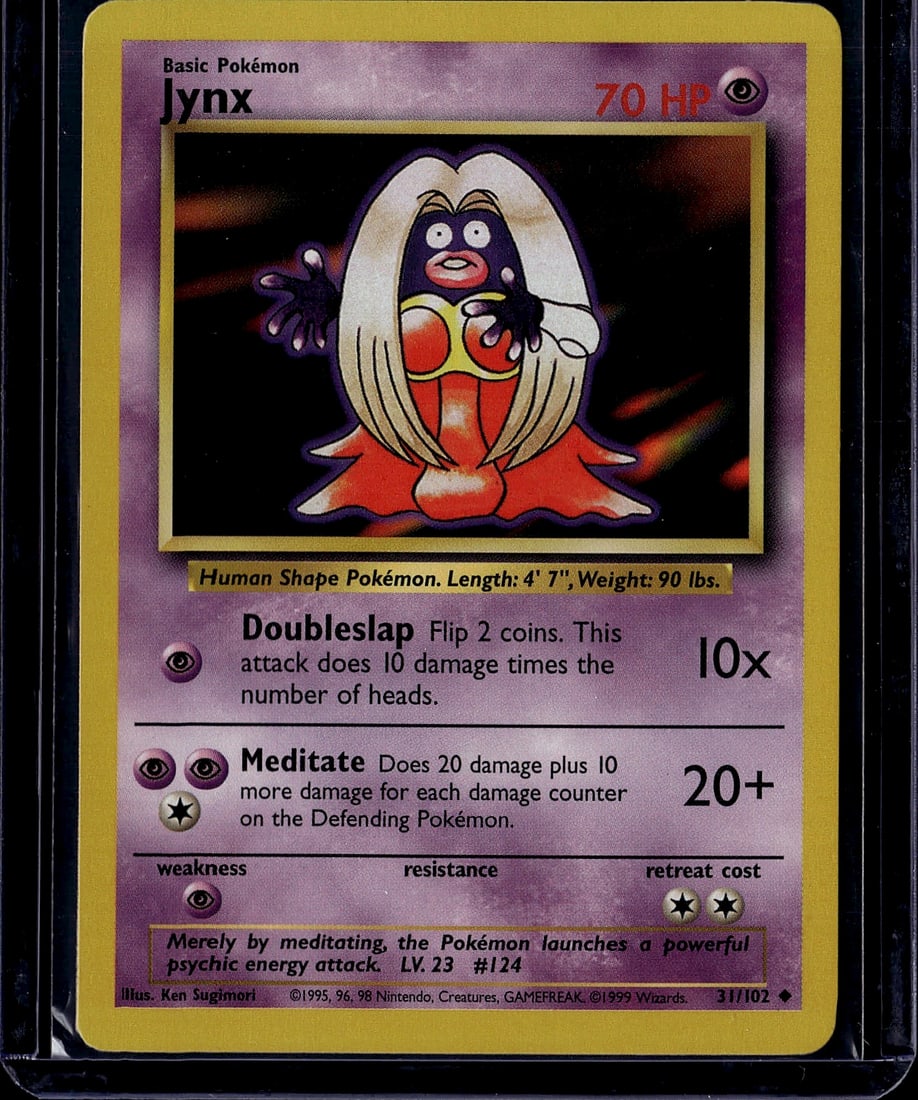 Jynx #31/102 Base Set Pokemon Card 1999: This is an authentic Jynx Pokemon Trading Card from the Base Set, released in 1999. Card number 31/102, Jynx is a Basic Psychic-type Pokemon with 70 HP. The card features the classic Ken Sugimori illu